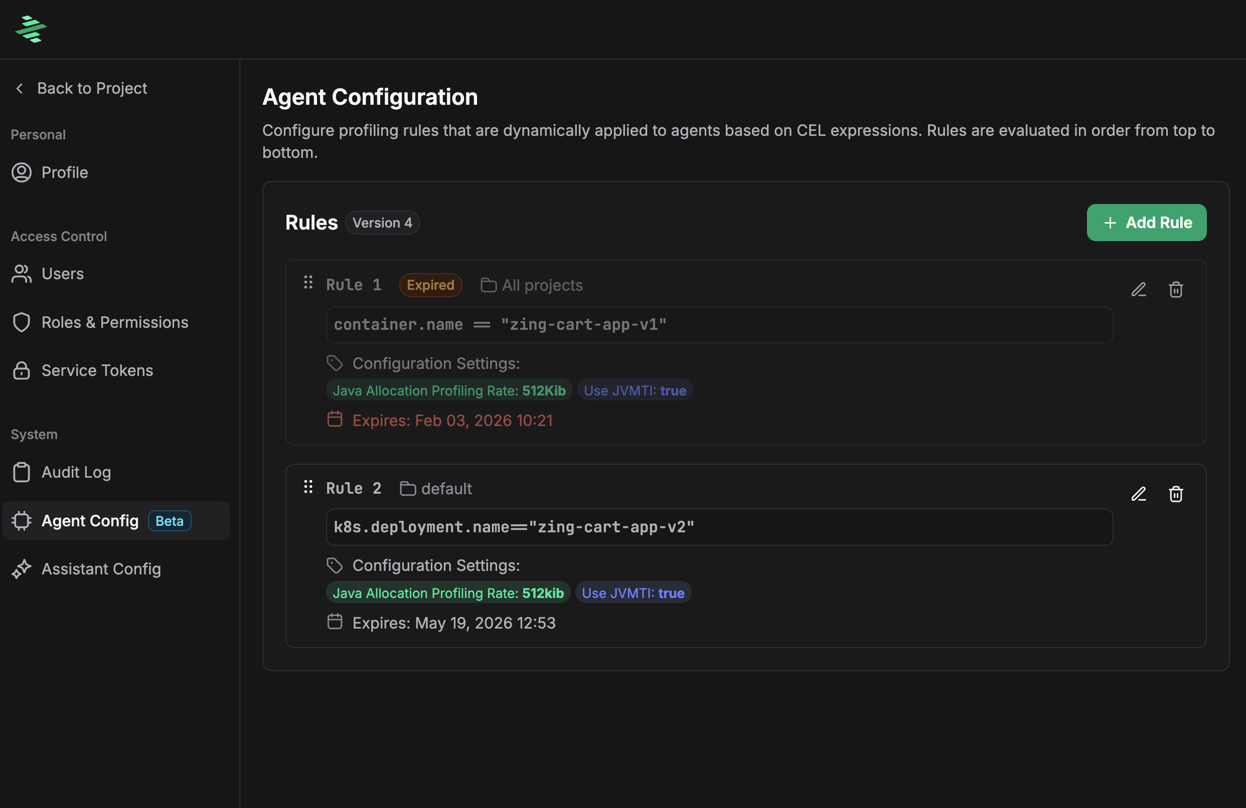 Agent Config page showing allocation profiling rules