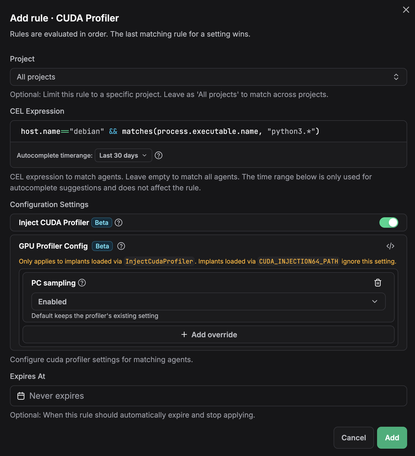 Configuring injection settings for the GPU profiler in the UI