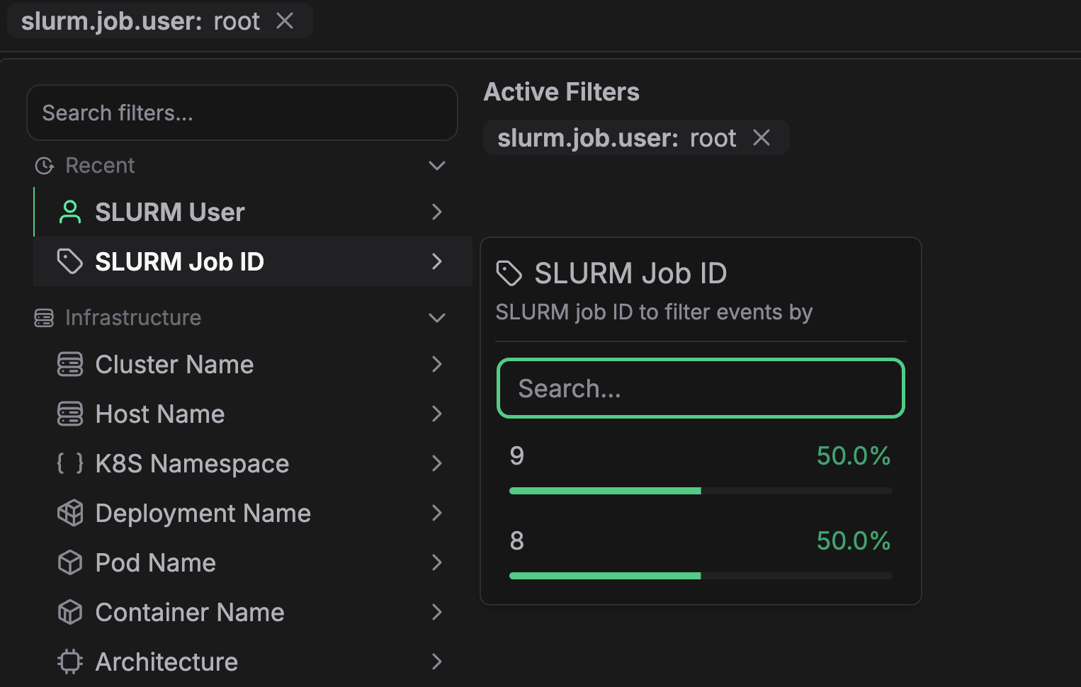 Zymtrace global filter bar showing SLURM job attributes (slurm.job.id, slurm.job.name, slurm.job.user)